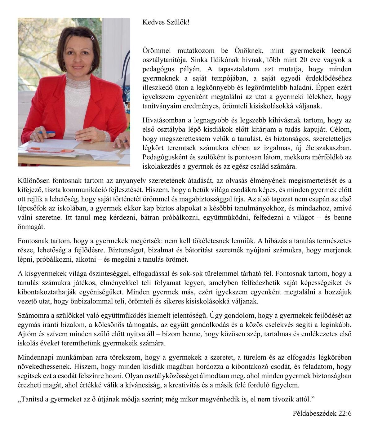 Elsos tanitok bemutatkozasa Sinka Ildiko 2026 2027